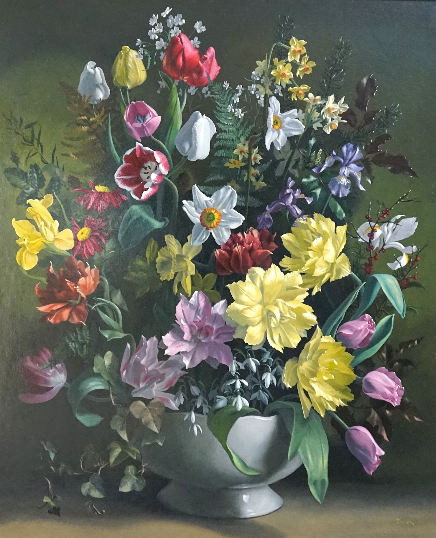 English School, 20th century , Still life of spring flowers on board, oil on board, 75 x 62cm